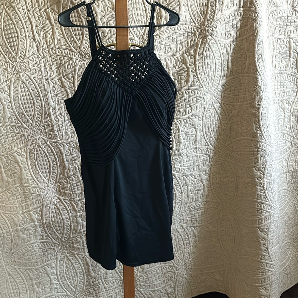 3x black swim dress with built in cups and compression at waist